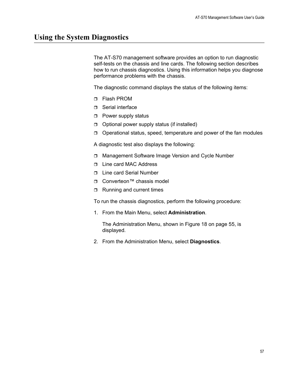 Using the system diagnostics | Allied Telesis AT-S70 User Manual | Page 57 / 134