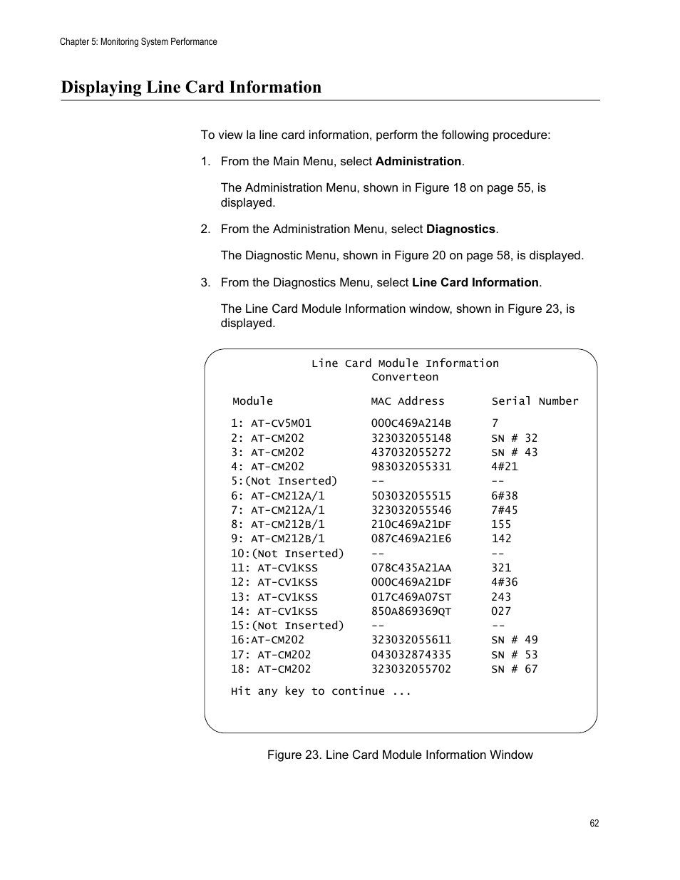 Displaying line card information, Figure 23. line card module information window | Allied Telesis AT-S70 User Manual | Page 62 / 134