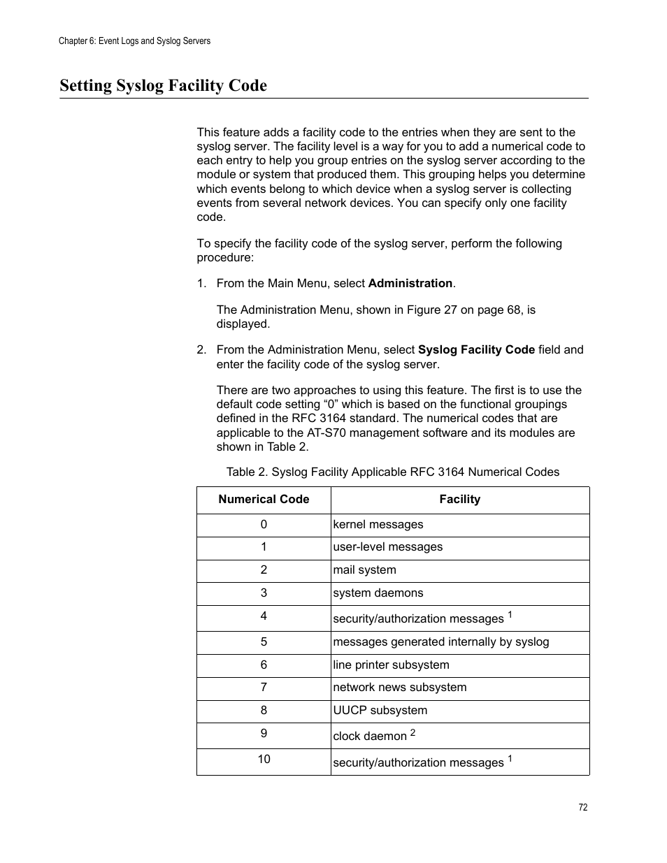 Setting syslog facility code | Allied Telesis AT-S70 User Manual | Page 72 / 134