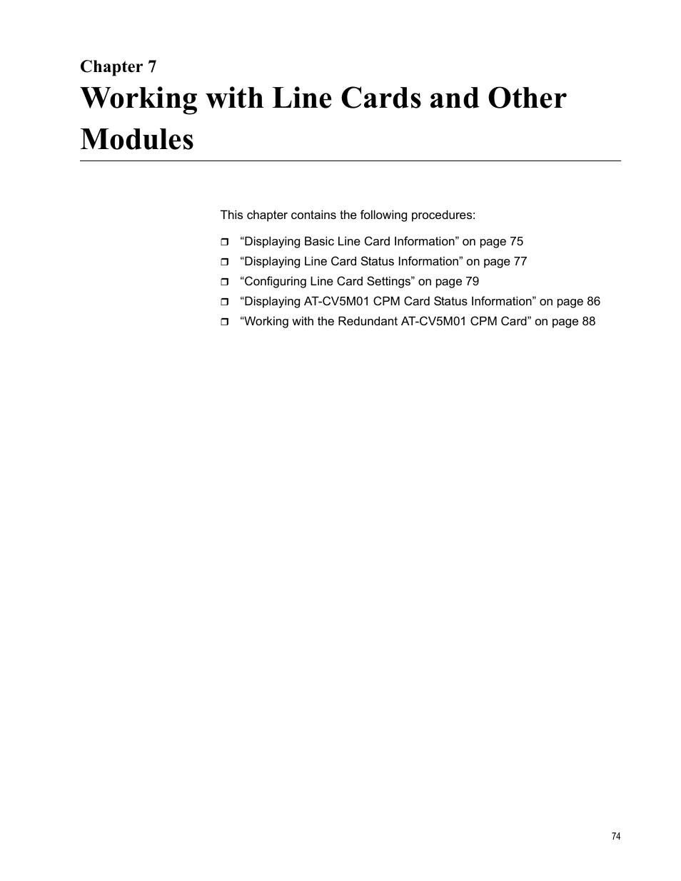 Chapter 7, Working with line cards and other modules | Allied Telesis AT-S70 User Manual | Page 74 / 134