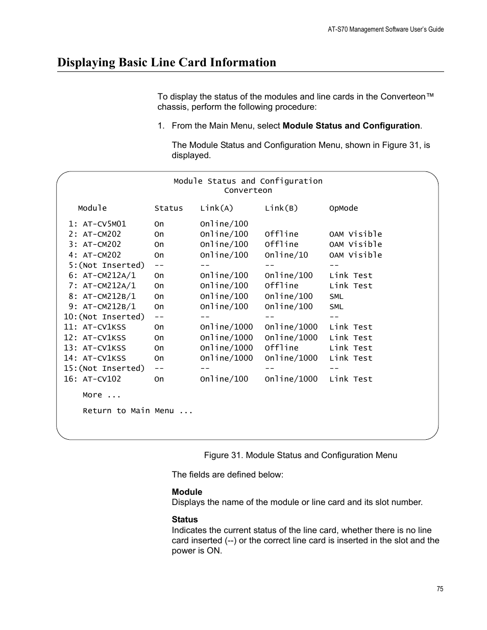 Displaying basic line card information, Figure 31. module status and configuration menu | Allied Telesis AT-S70 User Manual | Page 75 / 134