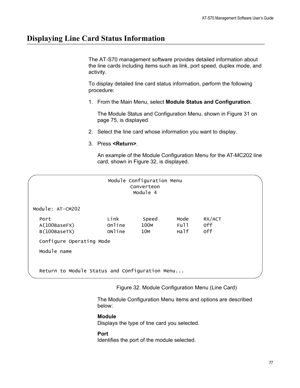 Displaying line card status information, Figure 32. module configuration menu (line card) | Allied Telesis AT-S70 User Manual | Page 77 / 134