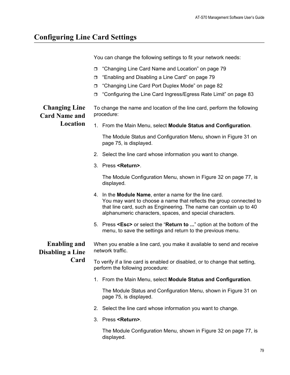 Configuring line card settings, Changing line card name and location, Enabling and disabling a line card | Allied Telesis AT-S70 User Manual | Page 79 / 134