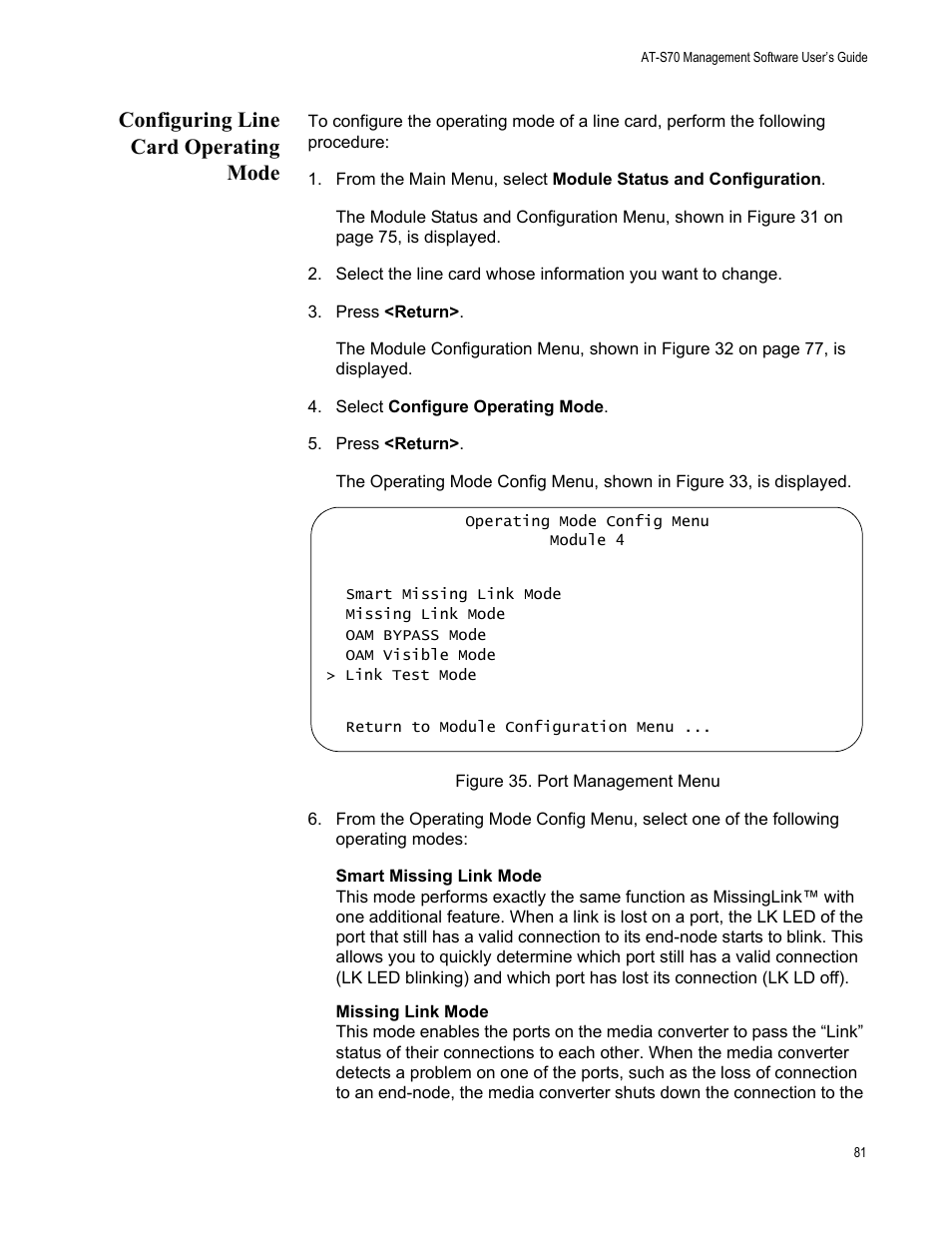 Configuring line card operating mode, Figure 35. port management menu | Allied Telesis AT-S70 User Manual | Page 81 / 134