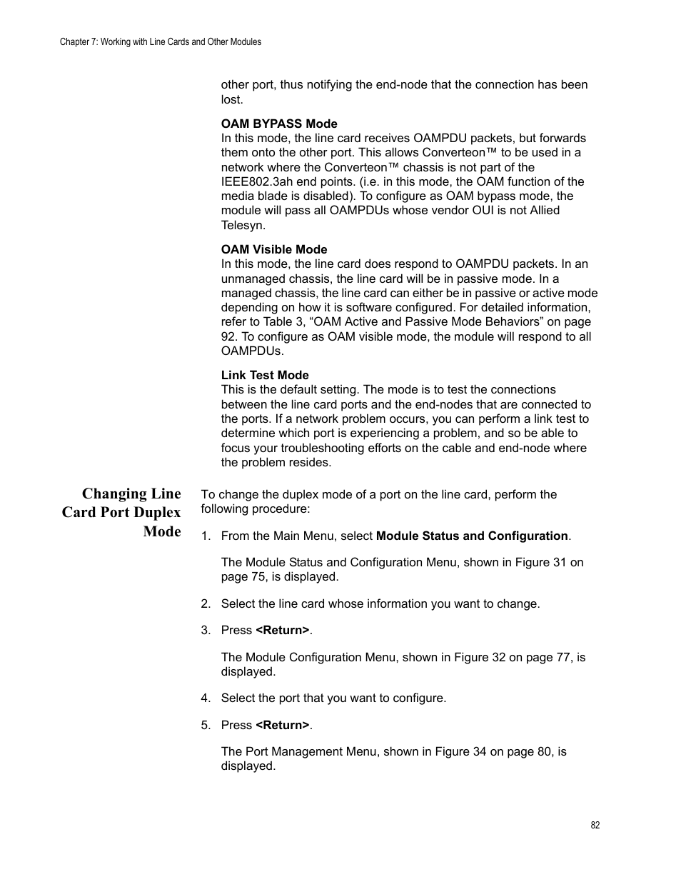 Changing line card port duplex mode | Allied Telesis AT-S70 User Manual | Page 82 / 134