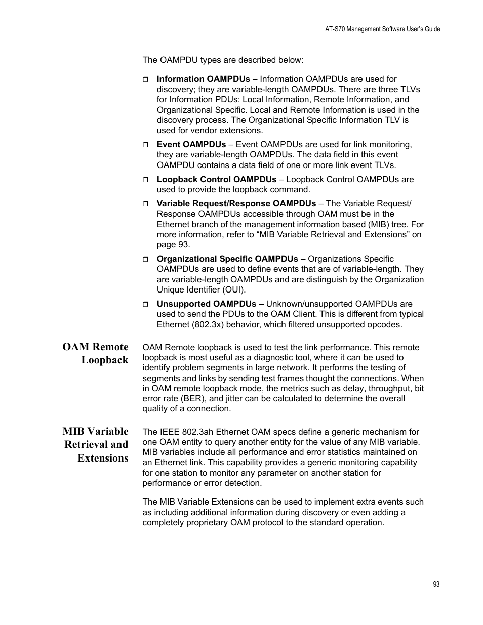Oam remote loopback, Mib variable retrieval and extensions | Allied Telesis AT-S70 User Manual | Page 93 / 134
