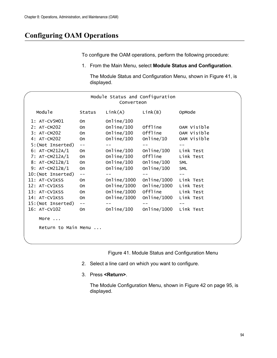 Configuring oam operations, Figure 41. module status and configuration menu | Allied Telesis AT-S70 User Manual | Page 94 / 134