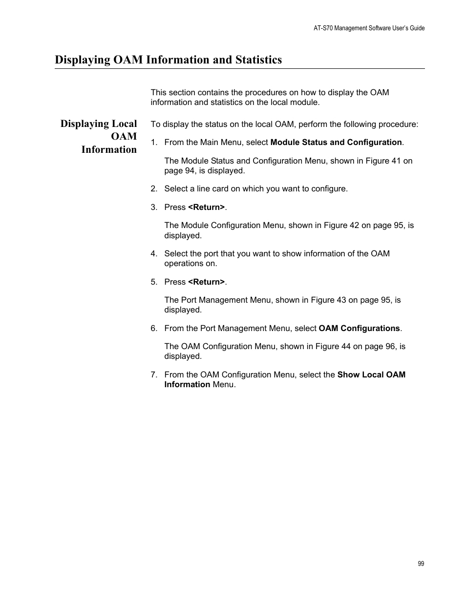 Displaying oam information and statistics, Displaying local oam information | Allied Telesis AT-S70 User Manual | Page 99 / 134