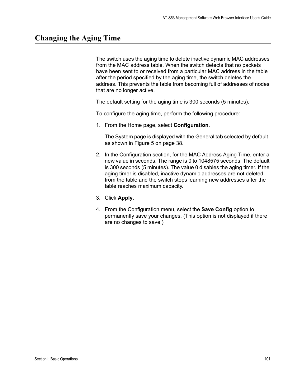 Changing the aging time | Allied Telesis AT-S63 User Manual | Page 101 / 462