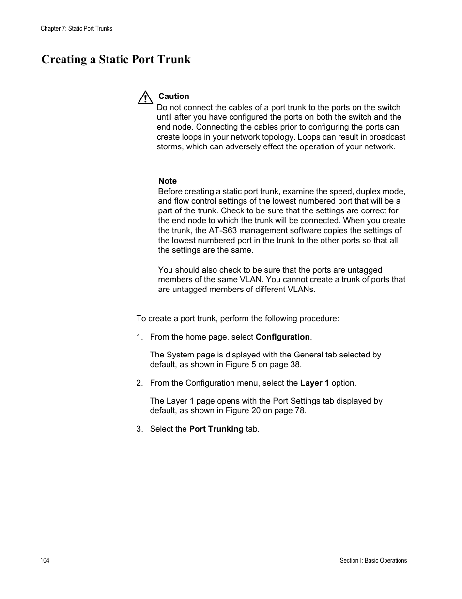 Creating a static port trunk | Allied Telesis AT-S63 User Manual | Page 104 / 462