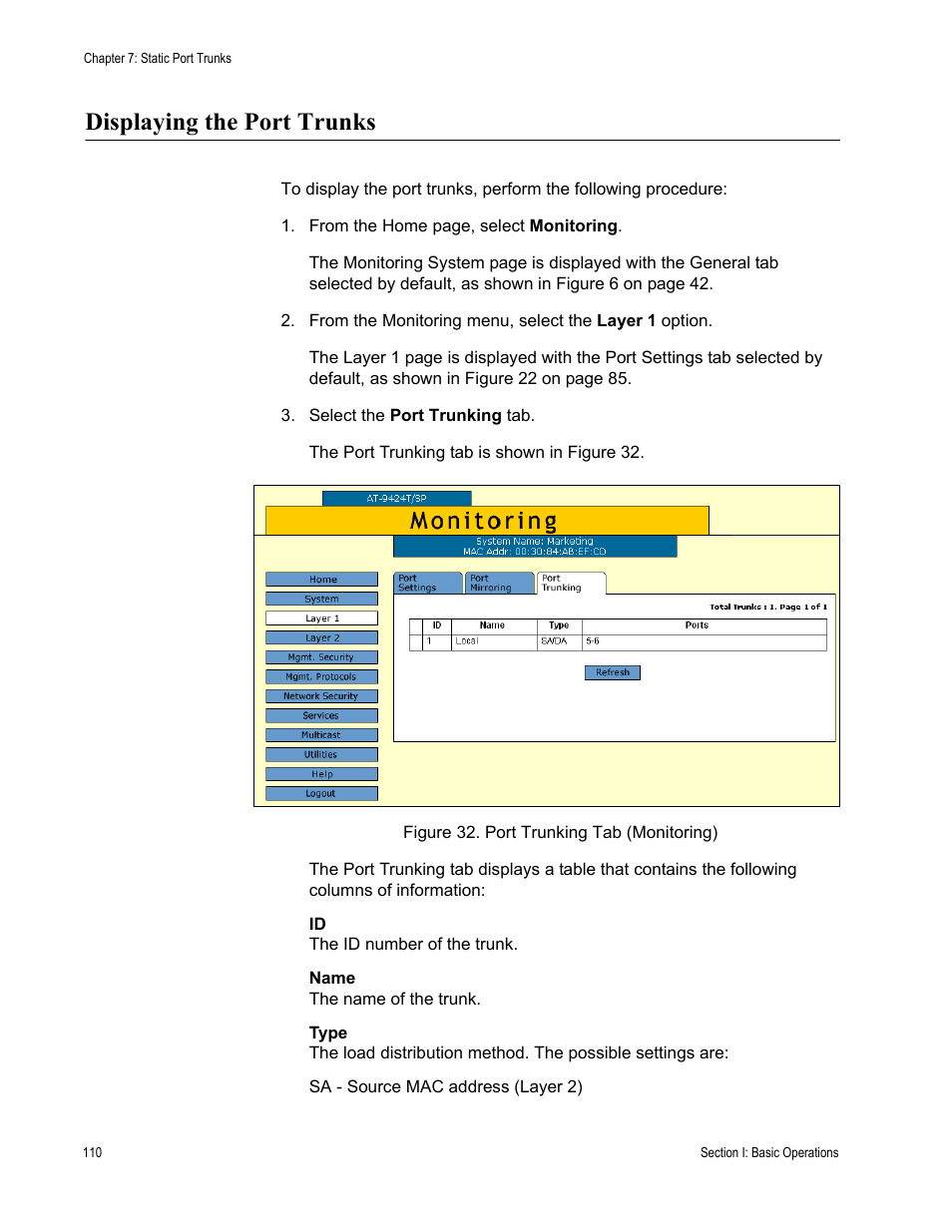 Displaying the port trunks, Figure 32: port trunking tab (monitoring) | Allied Telesis AT-S63 User Manual | Page 110 / 462