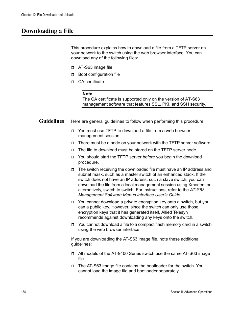 Downloading a file, Guidelines | Allied Telesis AT-S63 User Manual | Page 134 / 462