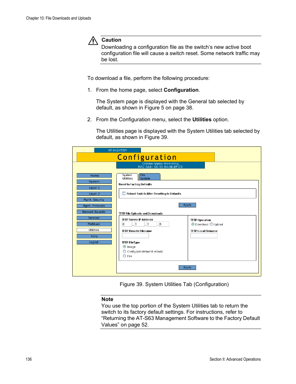 Figure 39: system utilities tab (configuration) | Allied Telesis AT-S63 User Manual | Page 136 / 462