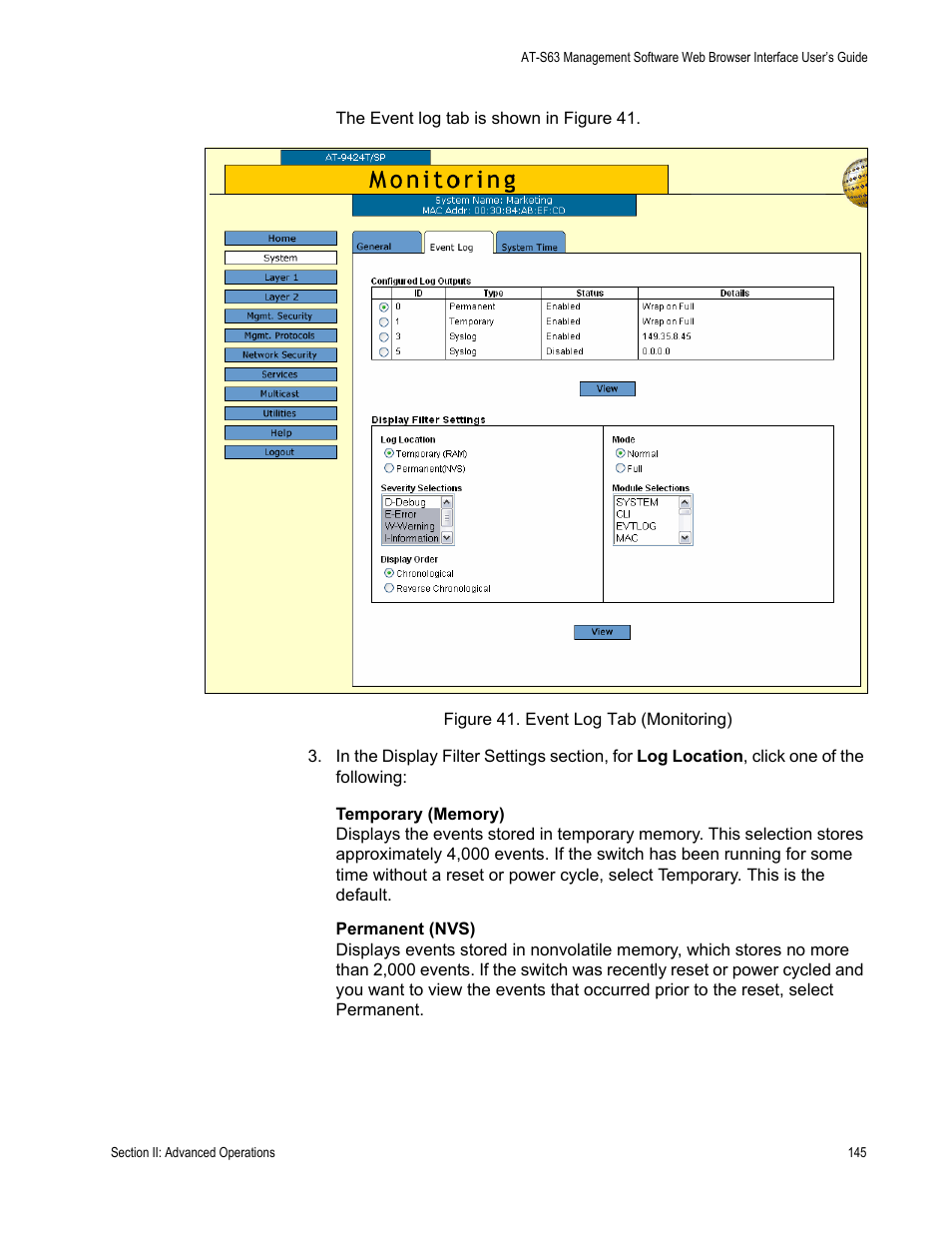 Figure 41: event log tab (monitoring) | Allied Telesis AT-S63 User Manual | Page 145 / 462