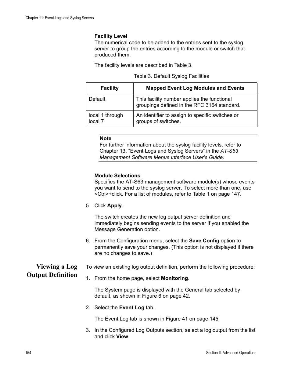 Viewing a log output definition, Table 5: default syslog facilities | Allied Telesis AT-S63 User Manual | Page 154 / 462