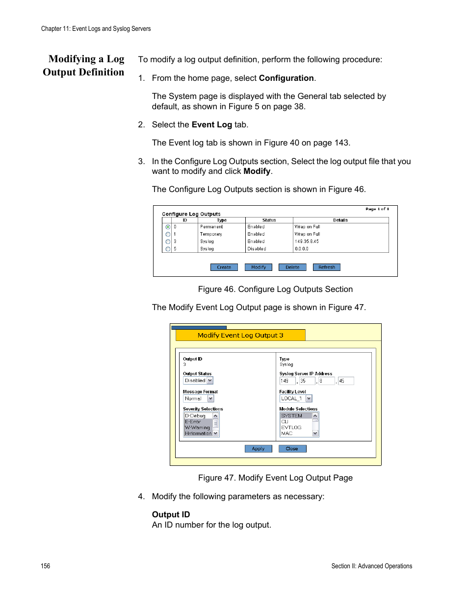 Modifying a log output definition | Allied Telesis AT-S63 User Manual | Page 156 / 462