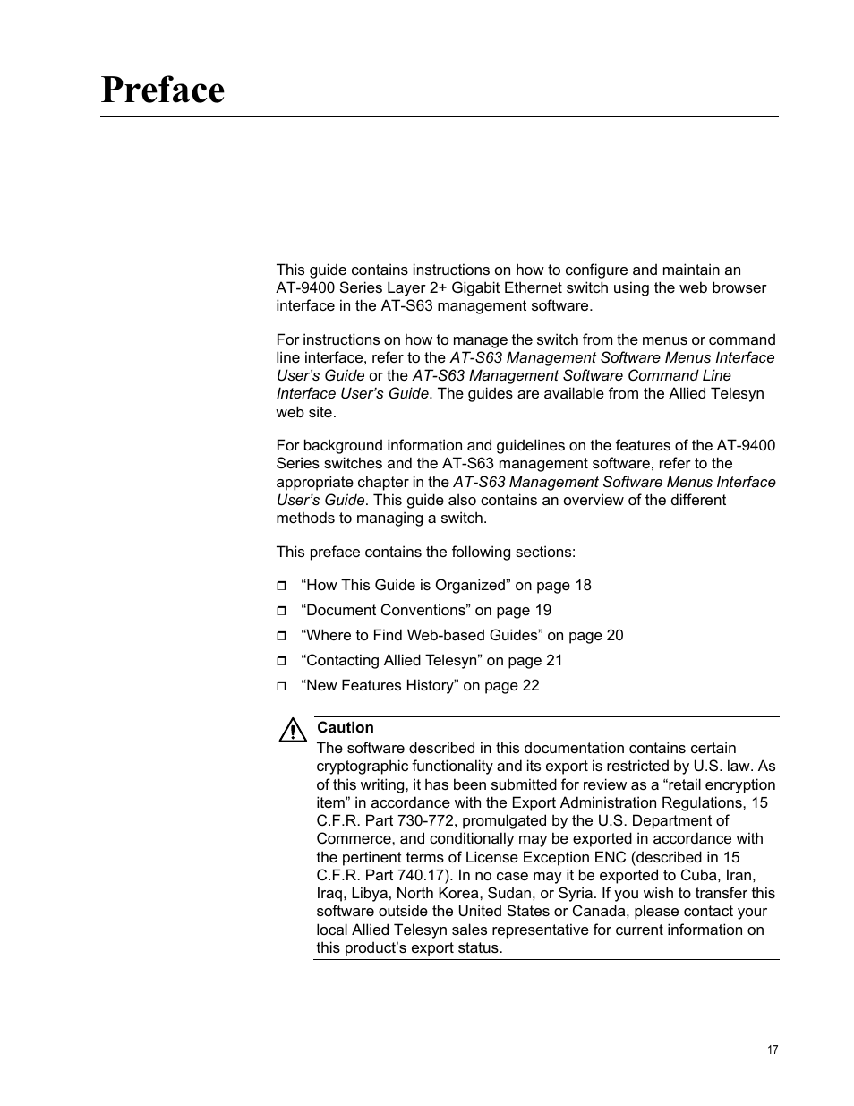 Preface | Allied Telesis AT-S63 User Manual | Page 17 / 462