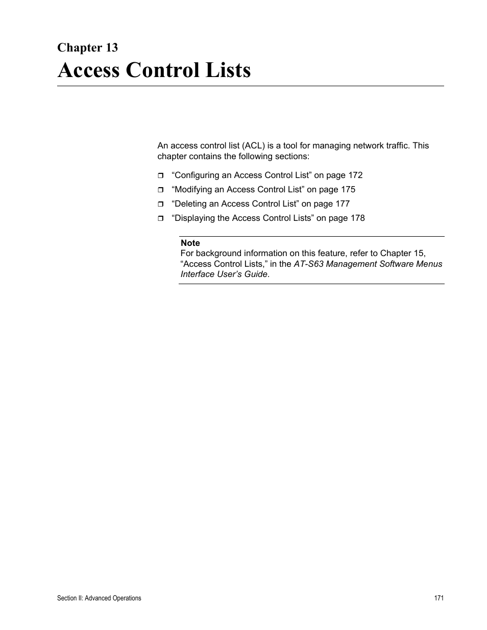 Chapter 13, Access control lists, Chapter 13: access control lists | Allied Telesis AT-S63 User Manual | Page 171 / 462