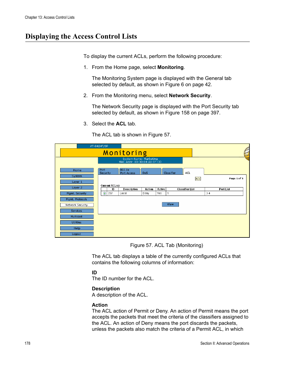Displaying the access control lists, Figure 57: acl tab (monitoring) | Allied Telesis AT-S63 User Manual | Page 178 / 462