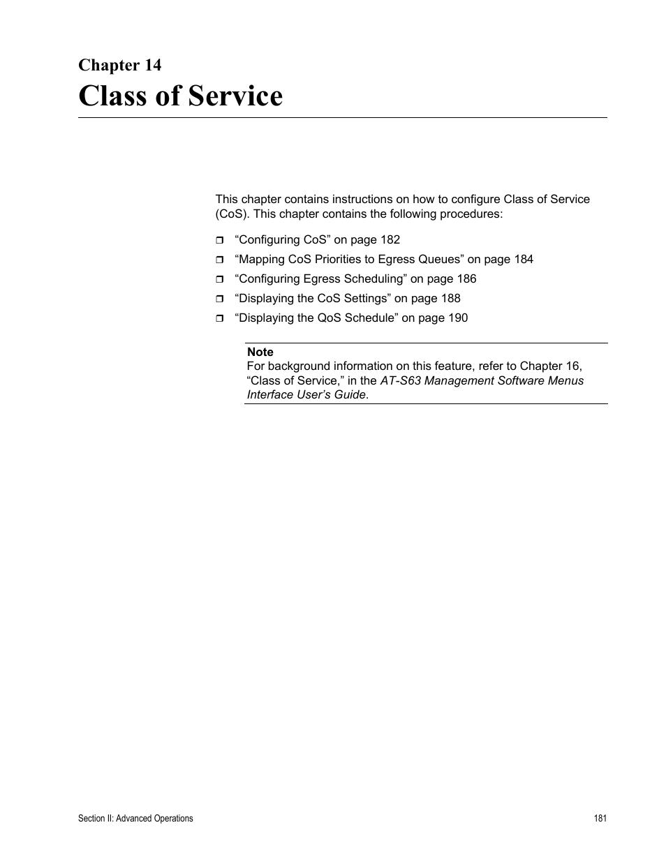 Chapter 14, Class of service, Chapter 14: class of service | Allied Telesis AT-S63 User Manual | Page 181 / 462