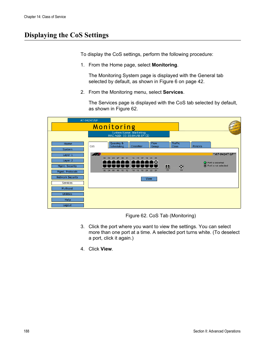 Displaying the cos settings, Figure 62: cos tab (monitoring) | Allied Telesis AT-S63 User Manual | Page 188 / 462