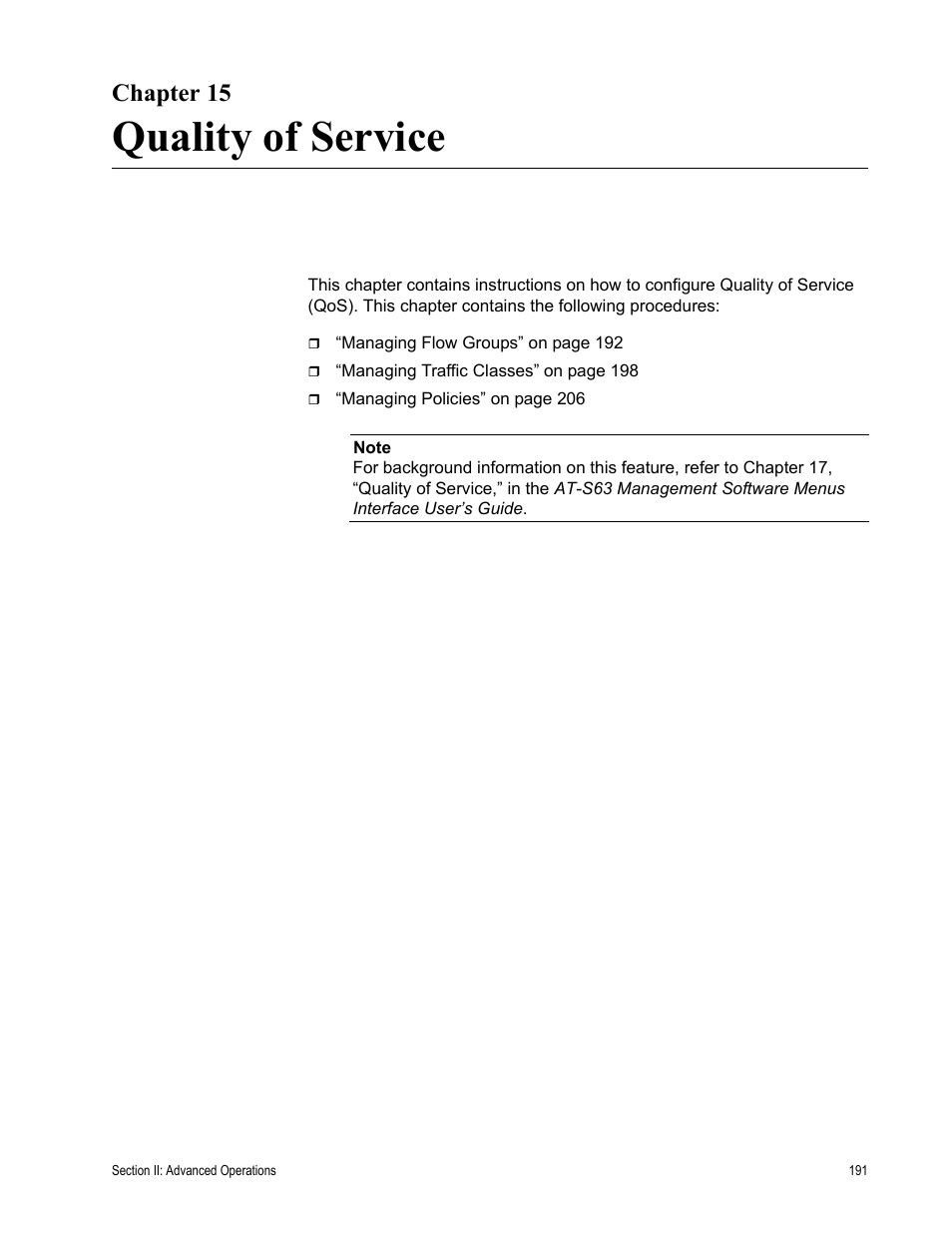 Chapter 15, Quality of service, Chapter 15: quality of service | Allied Telesis AT-S63 User Manual | Page 191 / 462