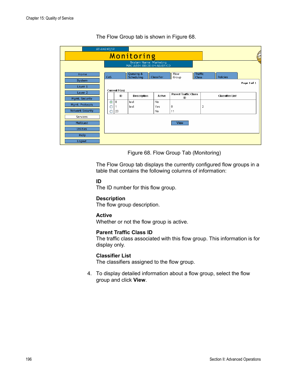 Figure 68: flow group tab (monitoring) | Allied Telesis AT-S63 User Manual | Page 196 / 462