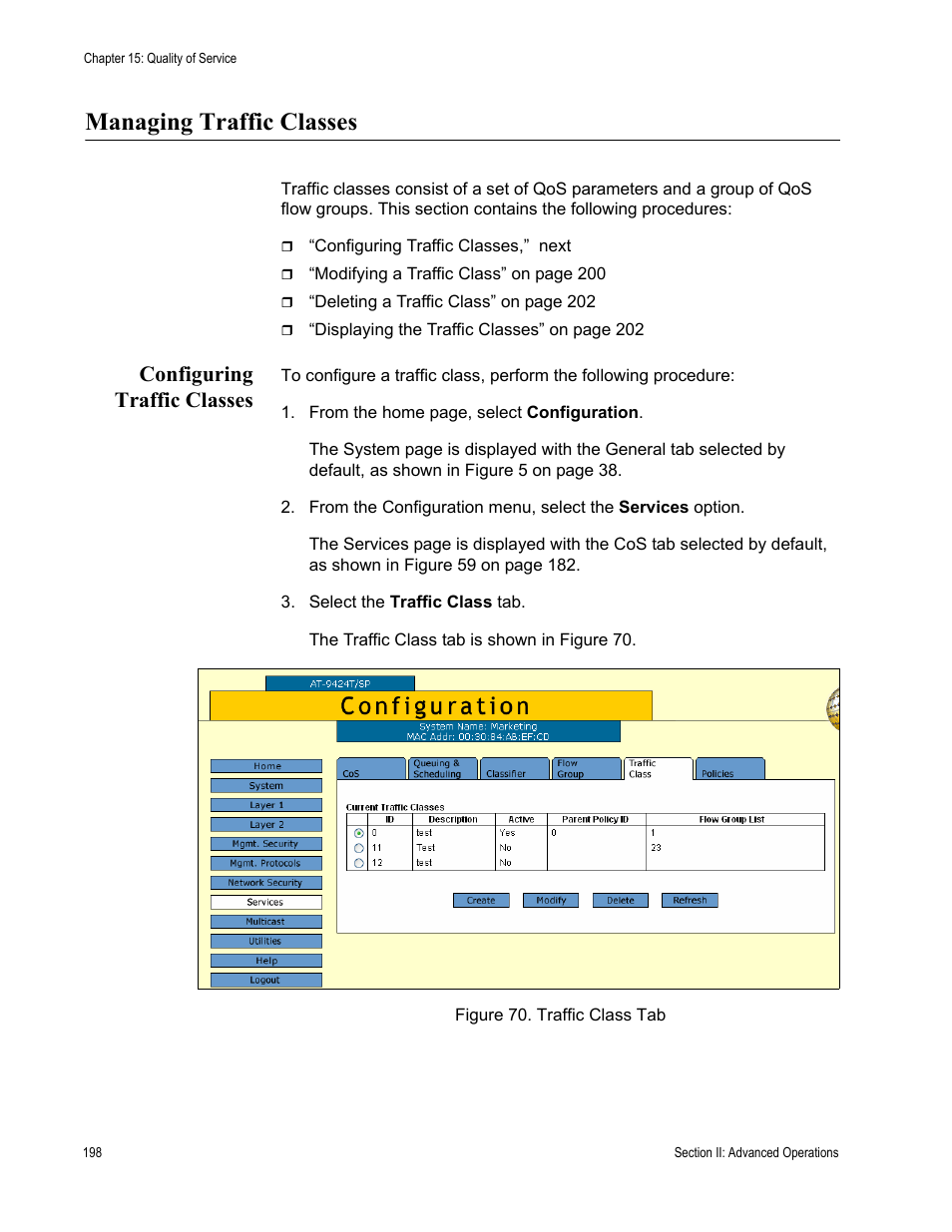 Managing traffic classes, Configuring traffic classes, Figure 70: traffic class tab | Allied Telesis AT-S63 User Manual | Page 198 / 462