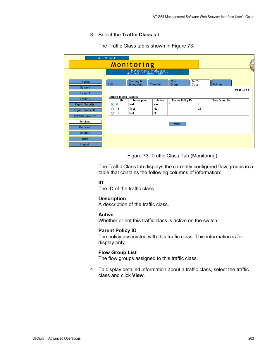 Figure 73: traffic class tab (monitoring) | Allied Telesis AT-S63 User Manual | Page 203 / 462