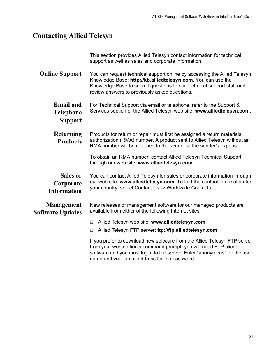 Contacting allied telesyn, Online support, Email and telephone support | Returning products, Sales or corporate information, Management software updates | Allied Telesis AT-S63 User Manual | Page 21 / 462