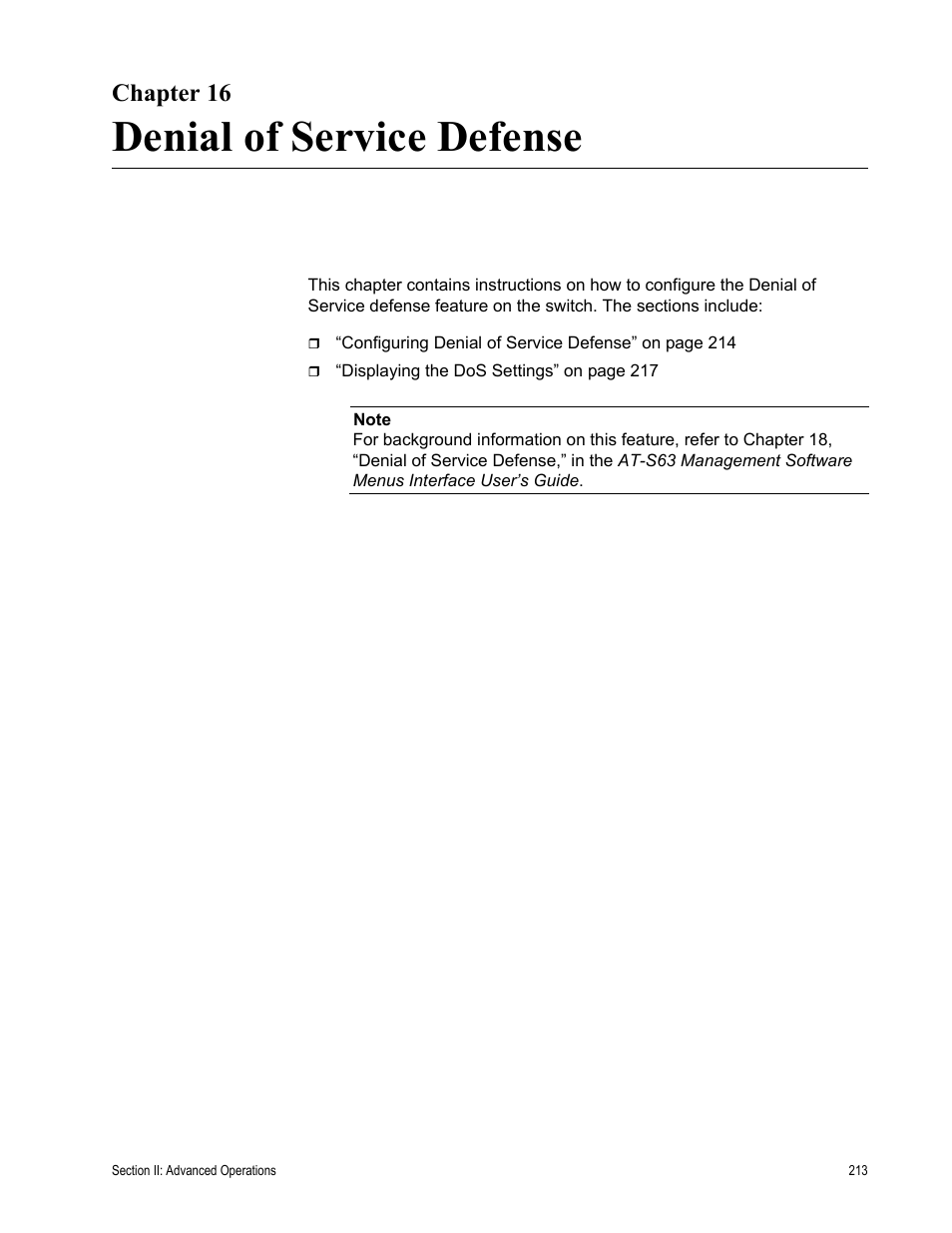 Chapter 16, Denial of service defense, Chapter 16: denial of service defense | Allied Telesis AT-S63 User Manual | Page 213 / 462