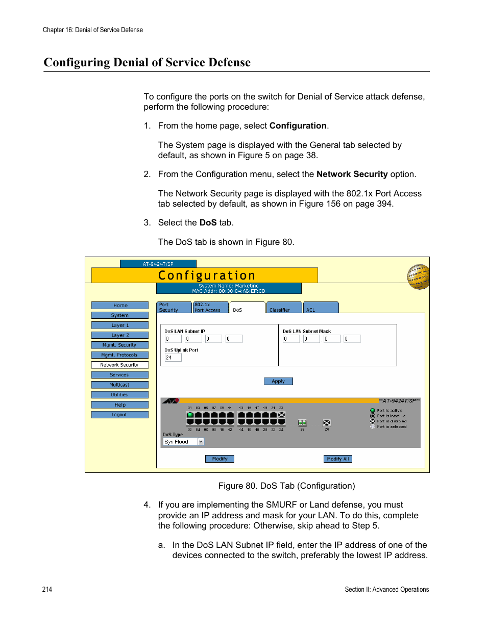 Configuring denial of service defense, Figure 80: dos tab (configuration) | Allied Telesis AT-S63 User Manual | Page 214 / 462