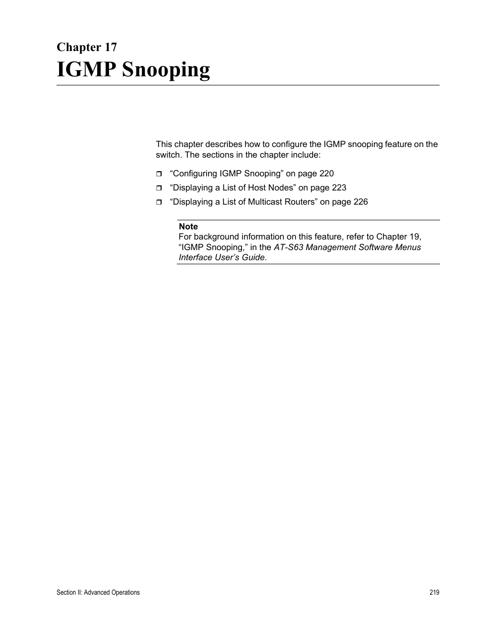 Chapter 17, Igmp snooping, Chapter 17: igmp snooping | Allied Telesis AT-S63 User Manual | Page 219 / 462