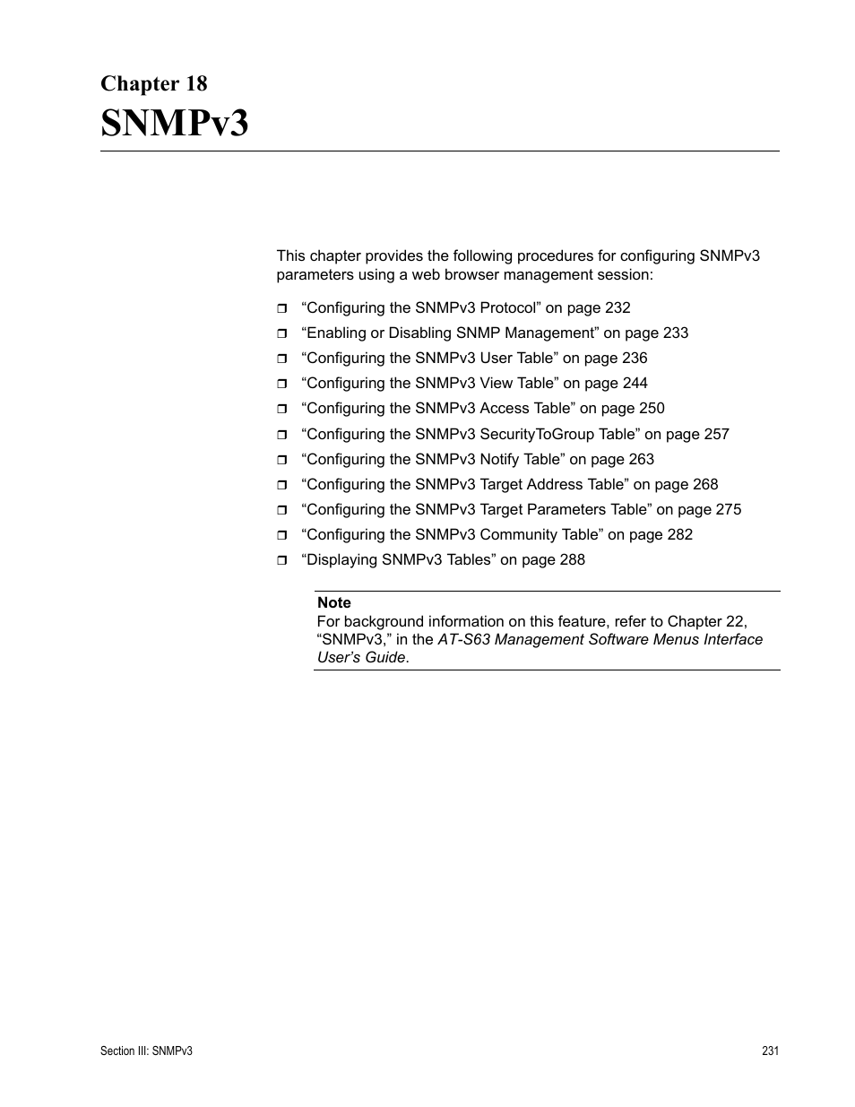 Chapter 18, Snmpv3, Chapter 18: snmpv3 | Allied Telesis AT-S63 User Manual | Page 231 / 462