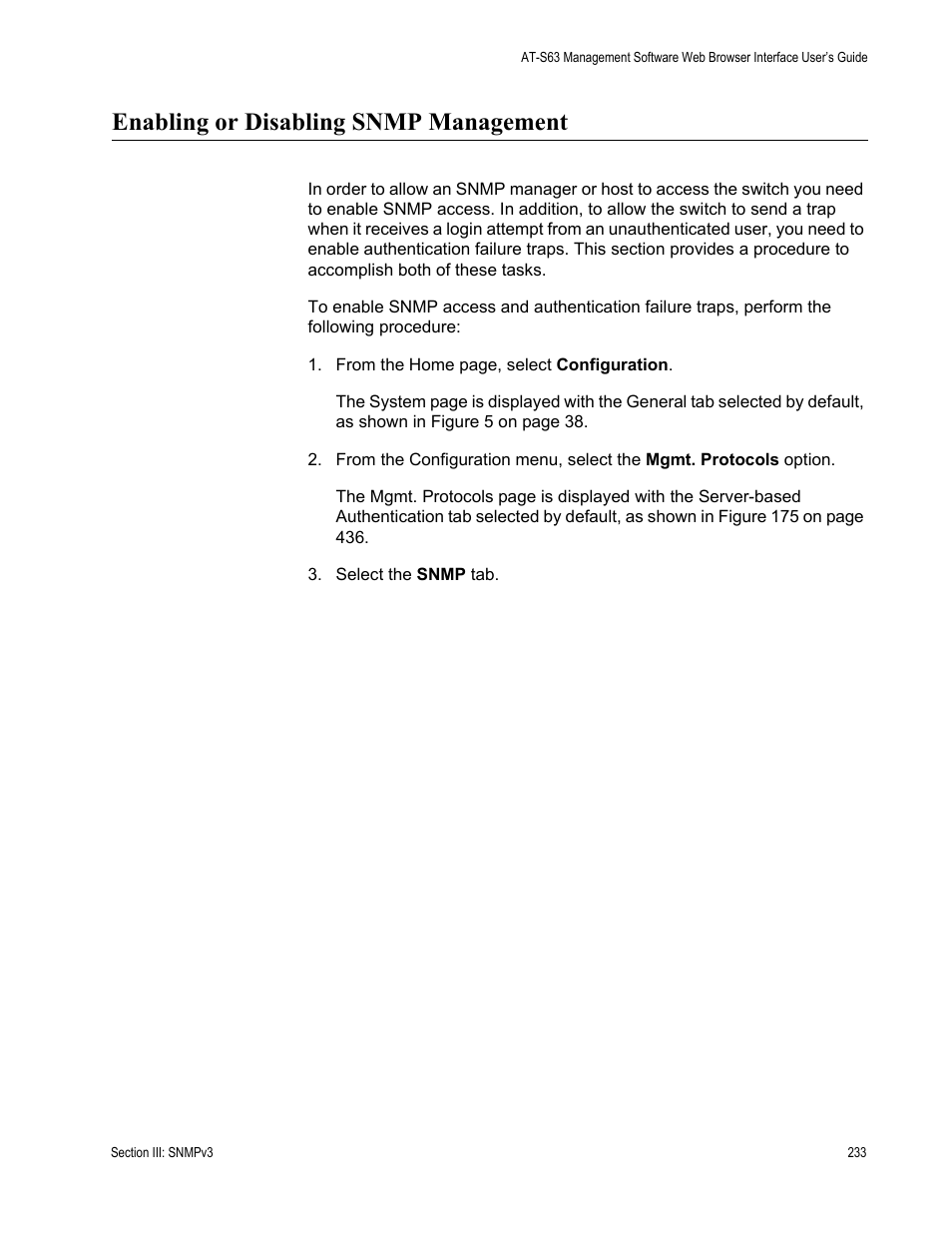 Enabling or disabling snmp management | Allied Telesis AT-S63 User Manual | Page 233 / 462