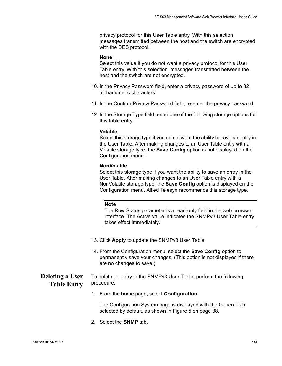 Deleting a user table entry | Allied Telesis AT-S63 User Manual | Page 239 / 462