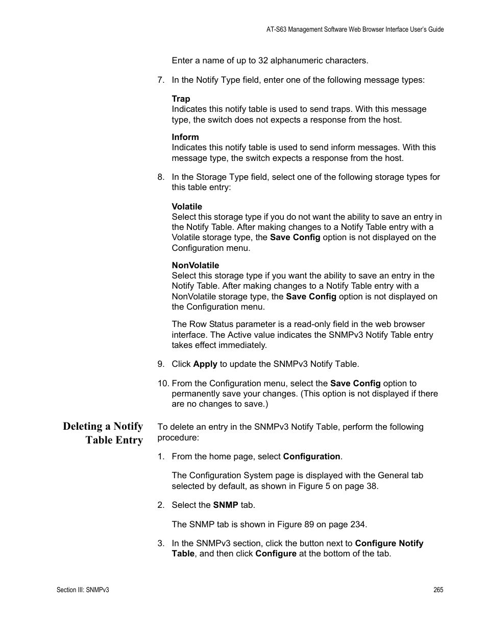 Deleting a notify table entry | Allied Telesis AT-S63 User Manual | Page 265 / 462