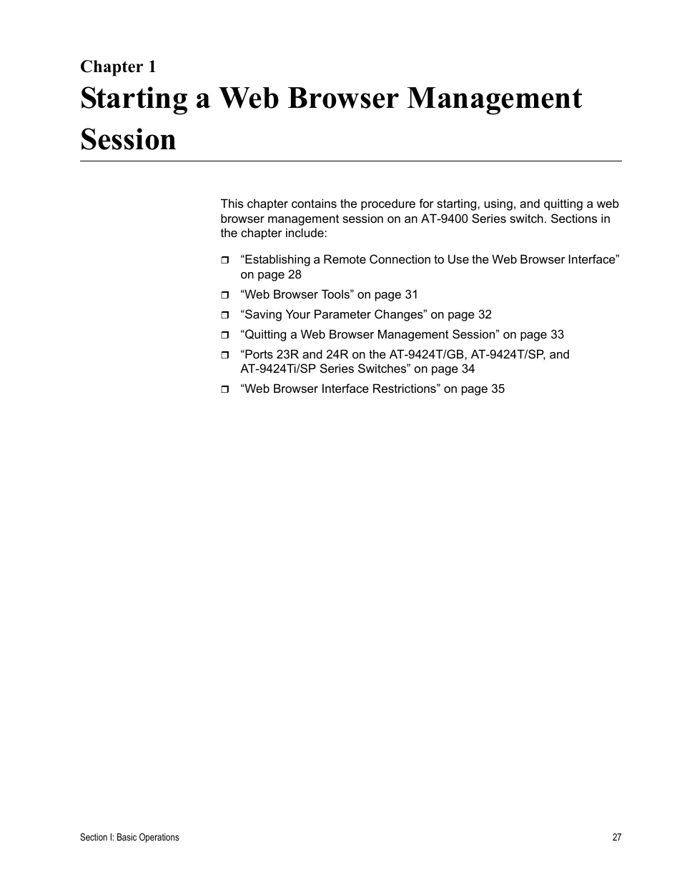 Chapter 1, Starting a web browser management session, R 1: starting a web browser management session | Allied Telesis AT-S63 User Manual | Page 27 / 462