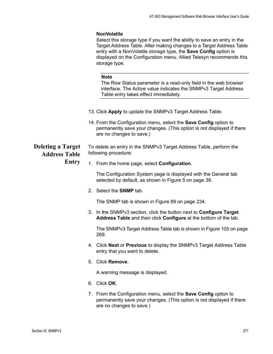 Deleting a target address table entry | Allied Telesis AT-S63 User Manual | Page 271 / 462