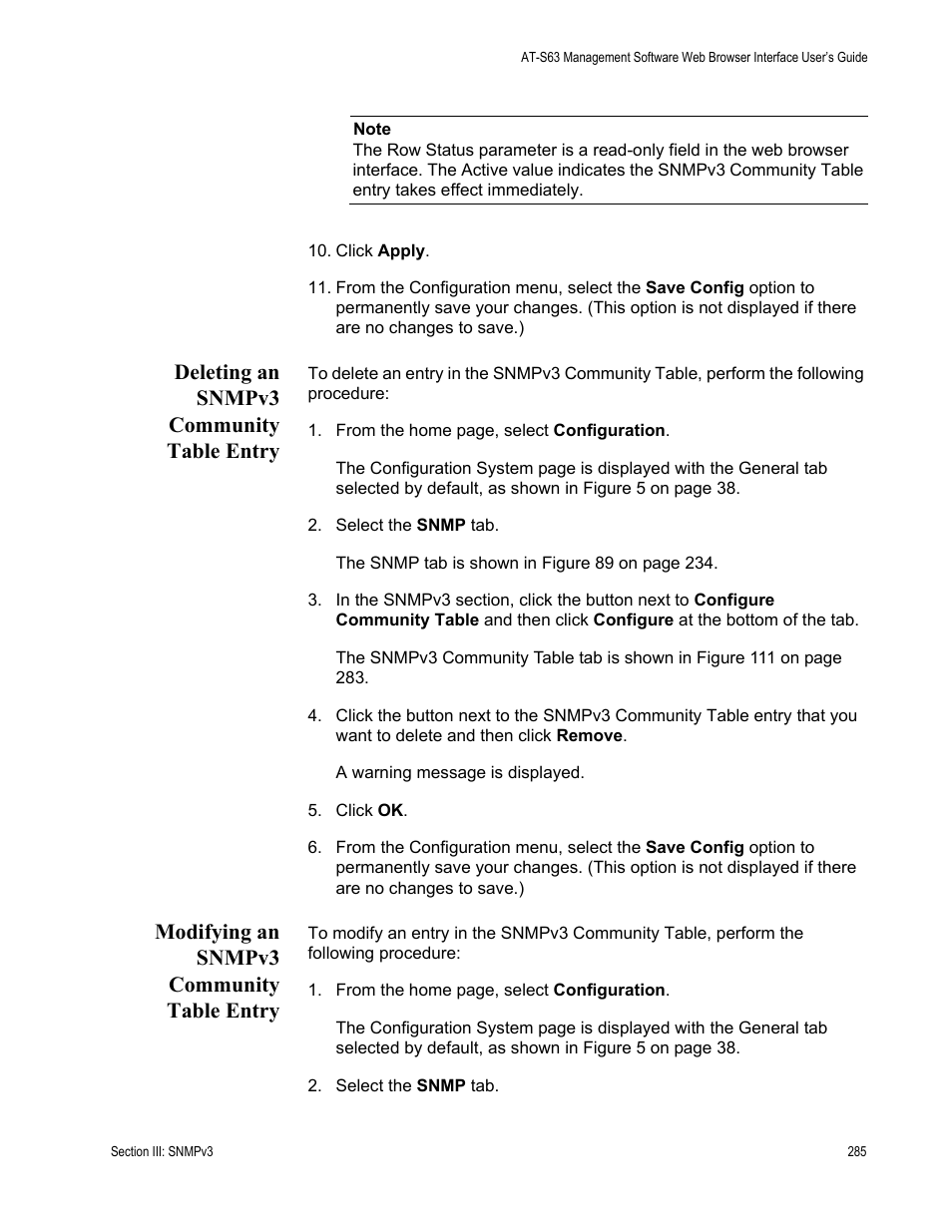 Deleting an snmpv3 community table entry, Modifying an snmpv3 community table entry | Allied Telesis AT-S63 User Manual | Page 285 / 462
