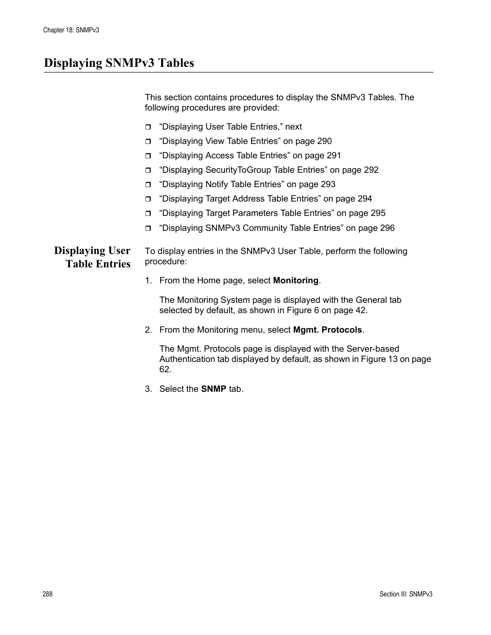Displaying snmpv3 tables, Displaying user table entries | Allied Telesis AT-S63 User Manual | Page 288 / 462