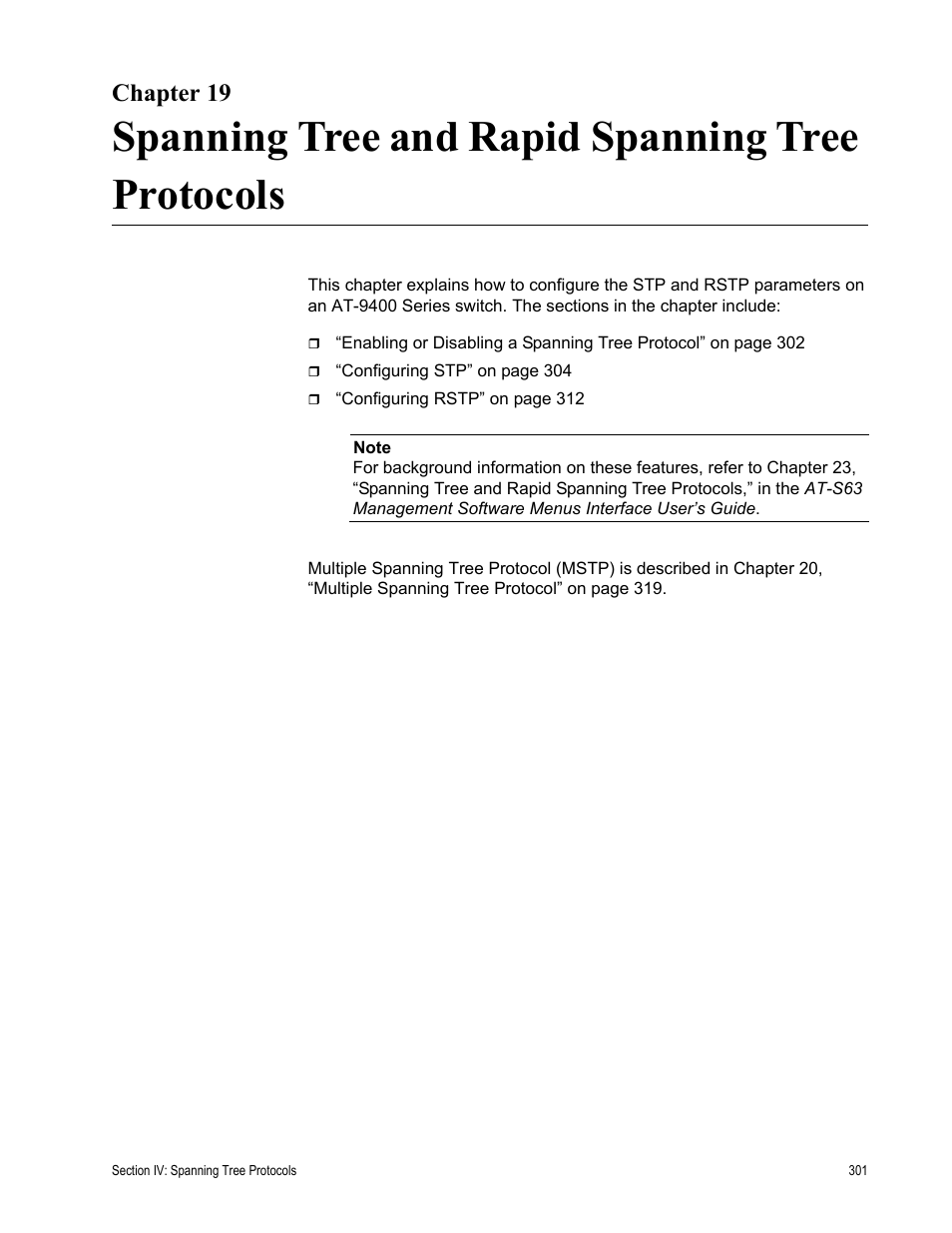 Chapter 19, Spanning tree and rapid spanning tree protocols | Allied Telesis AT-S63 User Manual | Page 301 / 462