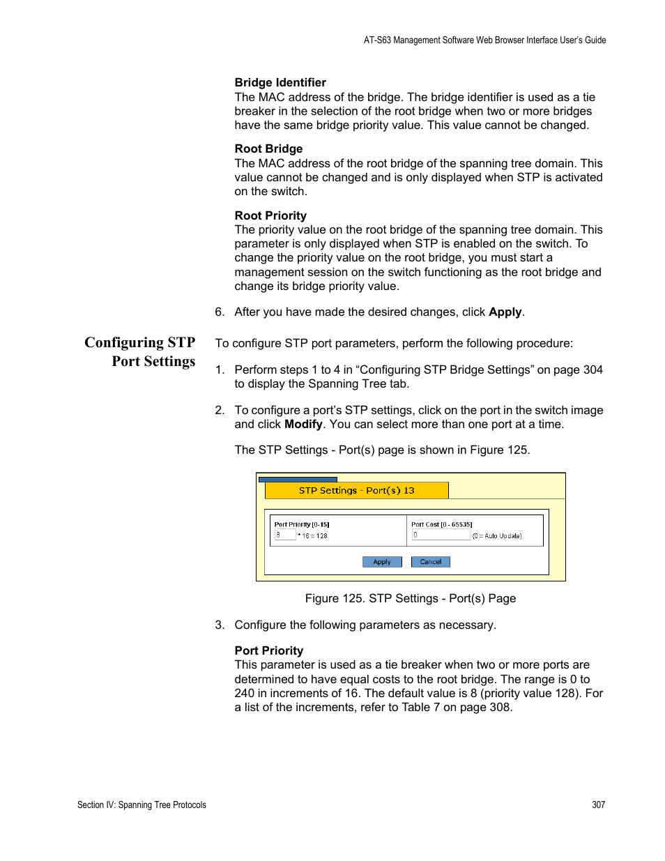 Configuring stp port settings | Allied Telesis AT-S63 User Manual | Page 307 / 462