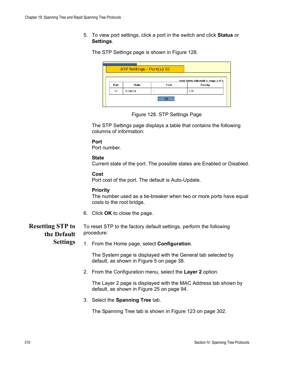 Resetting stp to the default settings | Allied Telesis AT-S63 User Manual | Page 310 / 462