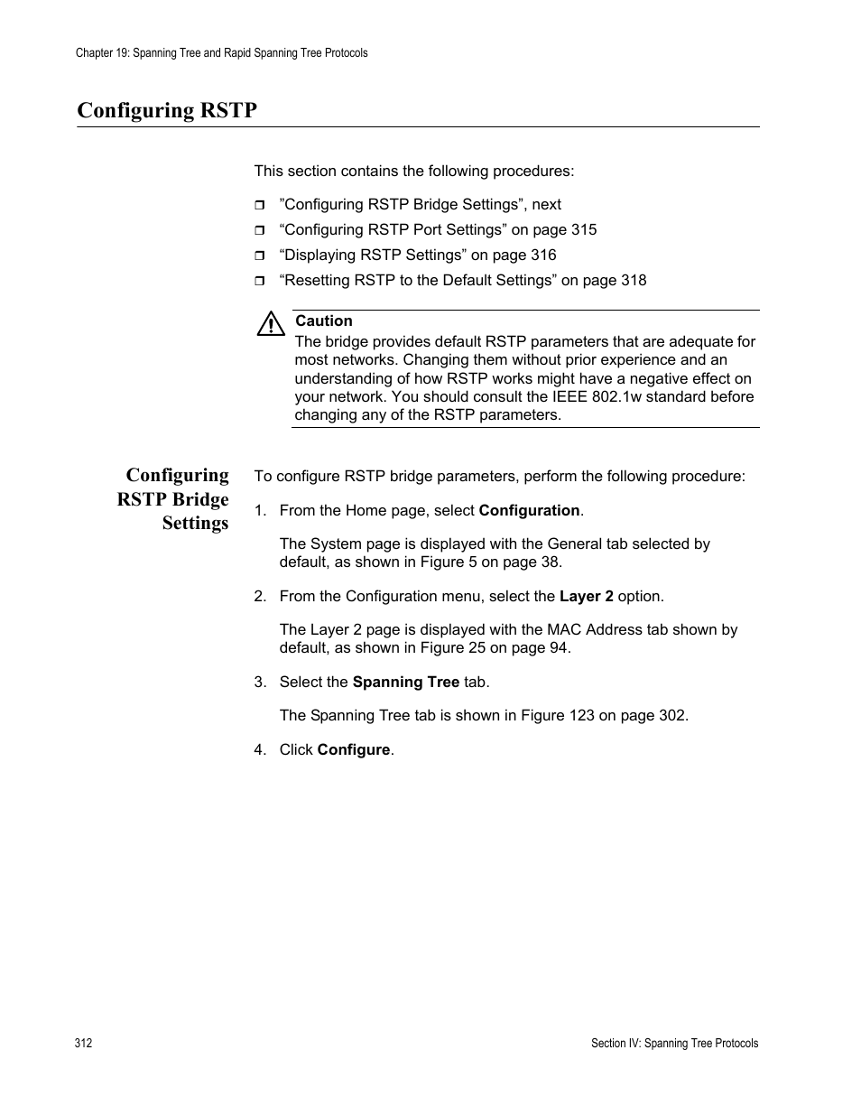 Configuring rstp, Configuring rstp bridge settings | Allied Telesis AT-S63 User Manual | Page 312 / 462
