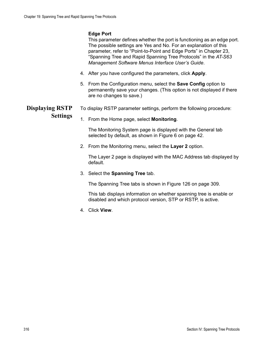 Displaying rstp settings | Allied Telesis AT-S63 User Manual | Page 316 / 462