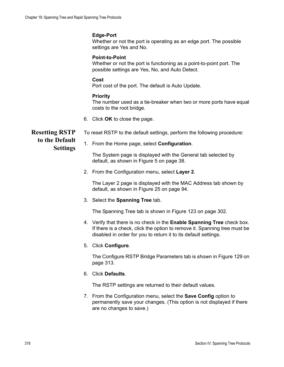Resetting rstp to the default settings | Allied Telesis AT-S63 User Manual | Page 318 / 462