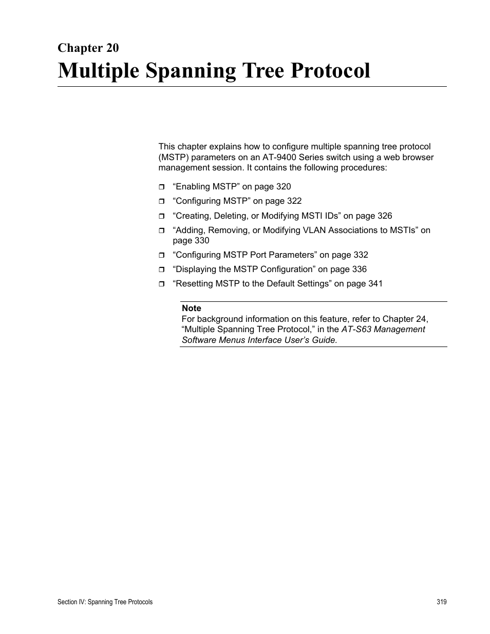 Chapter 20, Multiple spanning tree protocol, Chapter 20: multiple spanning tree protocol | Allied Telesis AT-S63 User Manual | Page 319 / 462