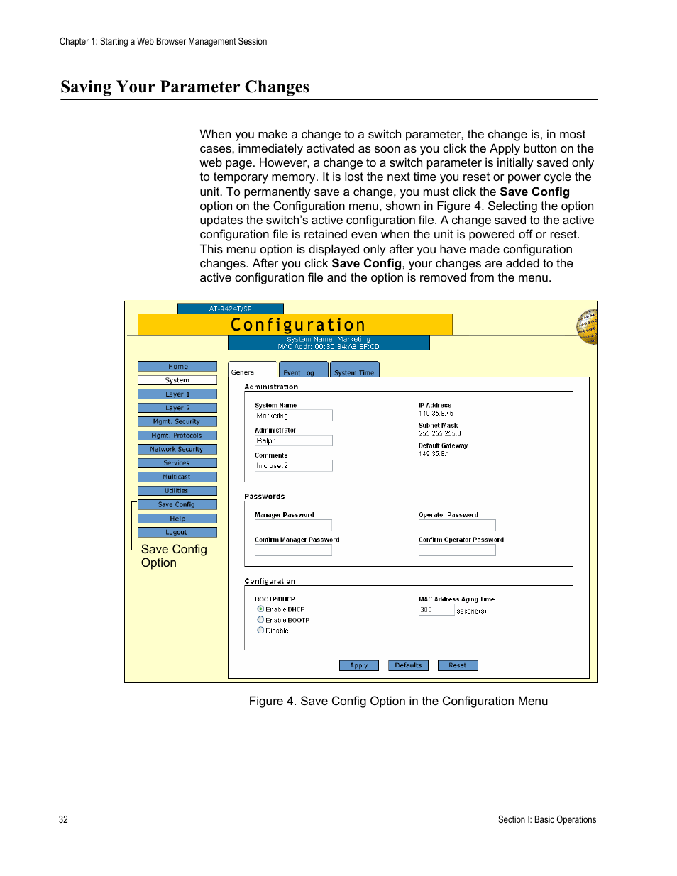 Saving your parameter changes | Allied Telesis AT-S63 User Manual | Page 32 / 462