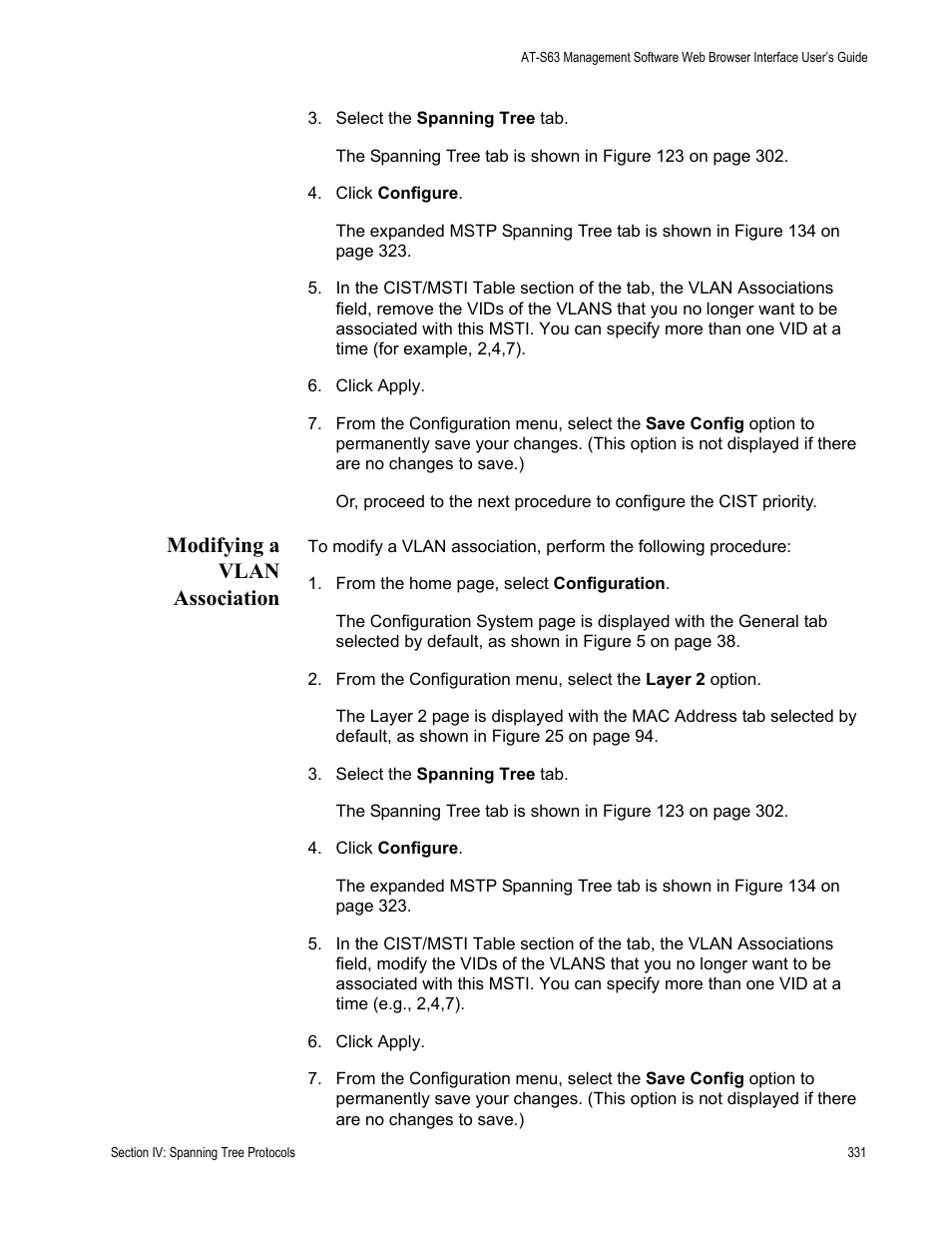 Modifying a vlan association | Allied Telesis AT-S63 User Manual | Page 331 / 462